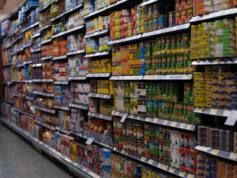 Packaged food products on store shelves